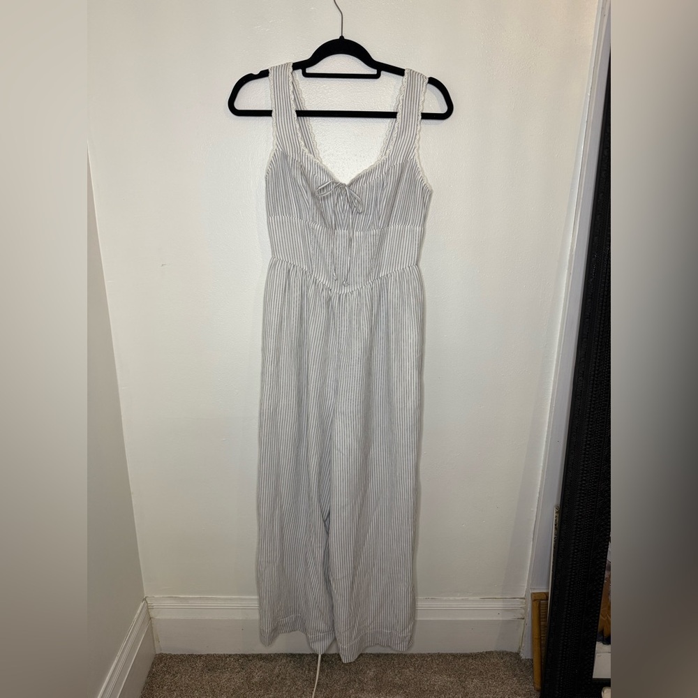 American Eagle Outfitters White and Blue Striped Jumpsuit